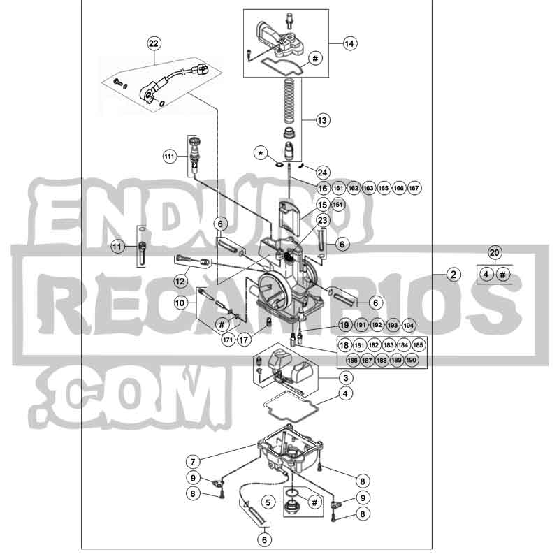 Hoja del despiece · CARBURADOR 125-200-RACING 2T 22