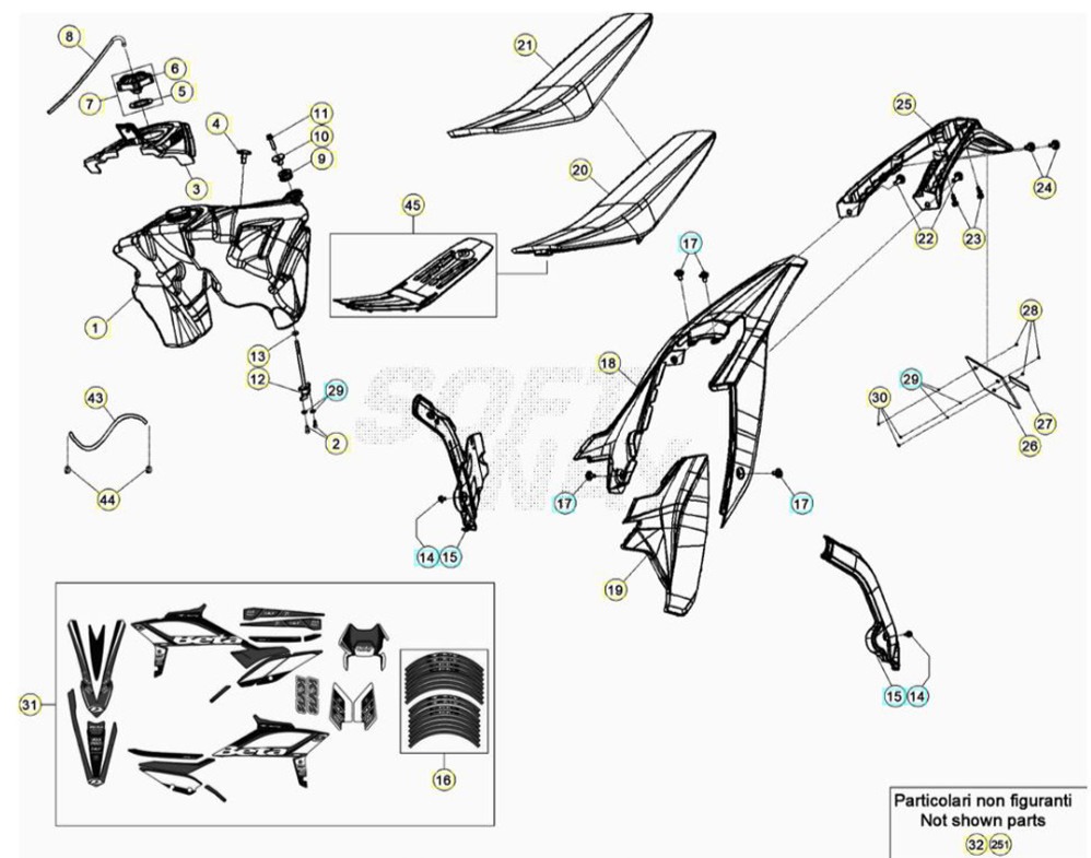 Hoja del despiece · PLASTICA POSTERIOR 125-200-RACING 2T 21