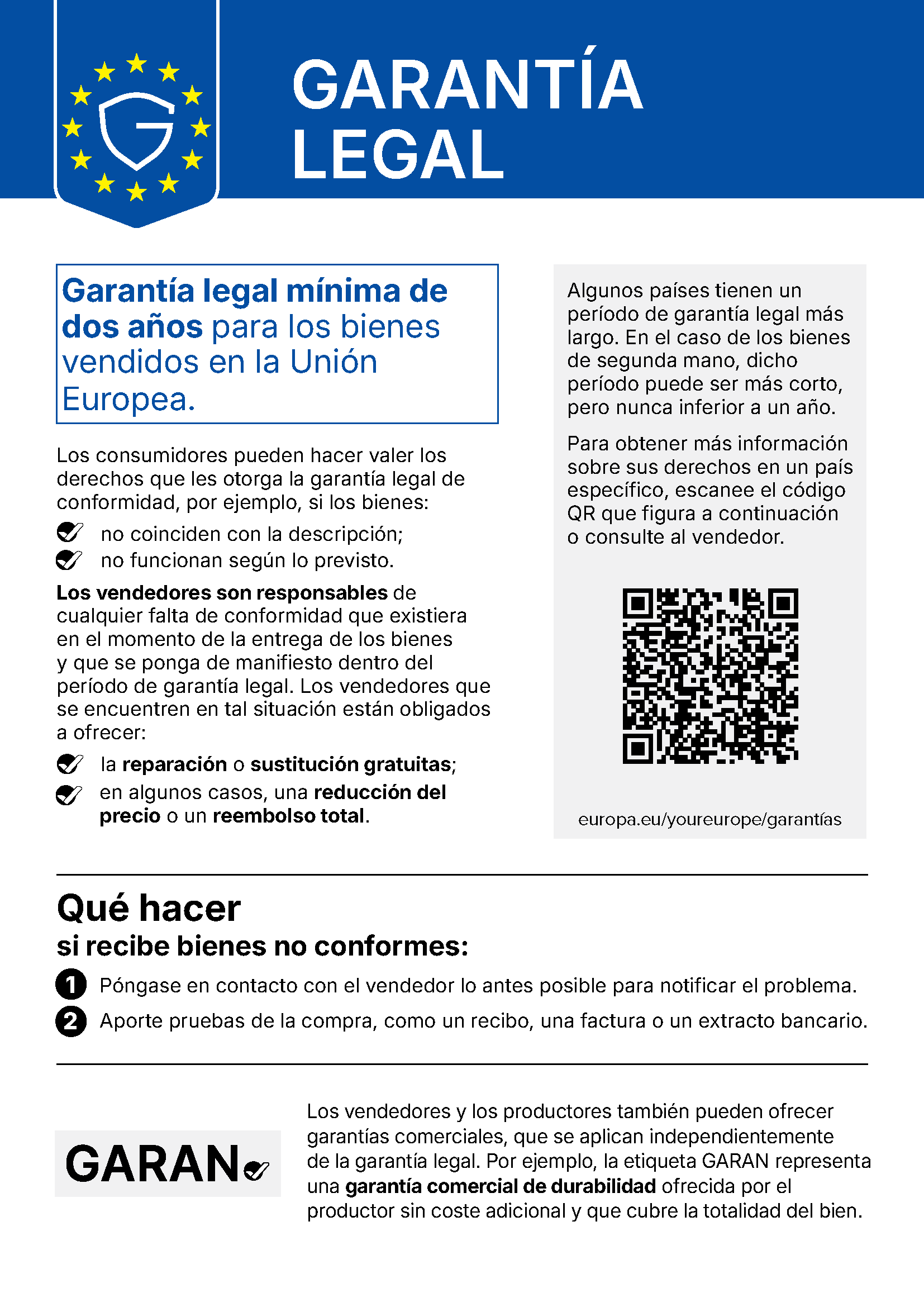 Aviso de la Unión Europea sobre la garantía legal